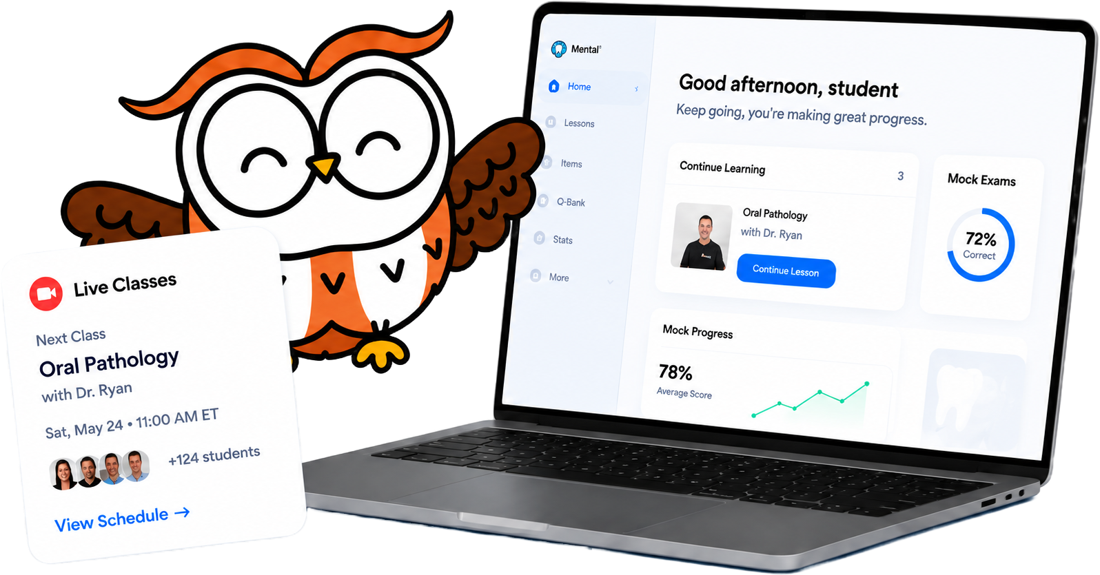 Owl mascot beside a laptop showing the Mental Dental dashboard
