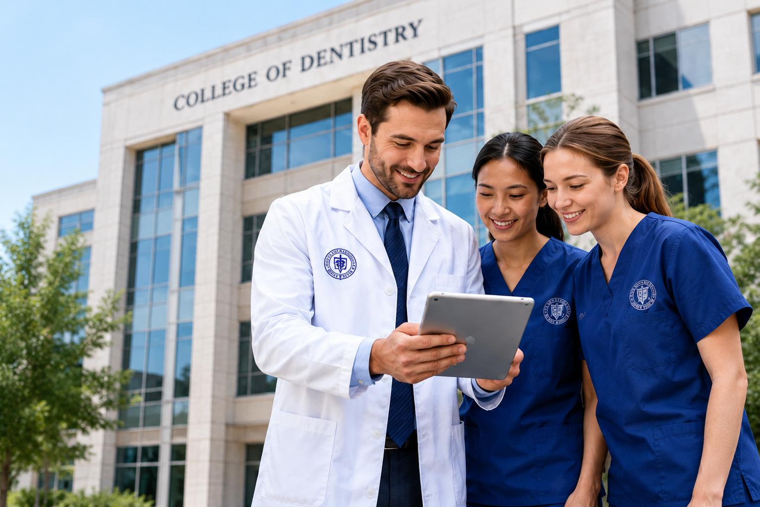 Dental school faculty with students reviewing a tablet