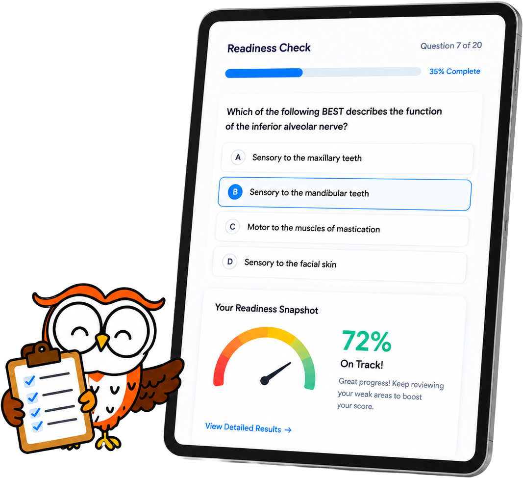 Readiness check quiz on a tablet with owl mascot holding a clipboard